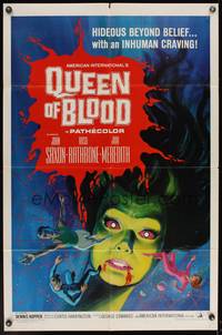 8b503 QUEEN OF BLOOD 1sh '66 Basil Rathbone, cool art of female monster & victims in her web!