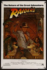 8b508 RAIDERS OF THE LOST ARK 1sh R82 great art of adventurer Harrison Ford by Richard Amsel!