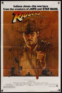 8b507 RAIDERS OF THE LOST ARK 1sh '81 great art of adventurer Harrison Ford by Richard Amsel!