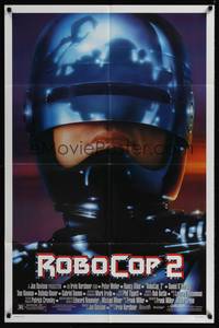 8b530 ROBOCOP 2 DS 1sh '90 super close up of cyborg policeman Peter Weller, sci-fi sequel!