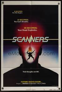 8b547 SCANNERS advance teaser 1sh '81 David Cronenberg, in 20 seconds your head explodes!