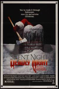 8b569 SILENT NIGHT DEADLY NIGHT 1sh '84 close up of killer Santa Claus w/axe going down chimney!