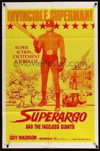 8b621 SUPERARGO & THE FACELESS GIANTS 1sh '68 great close up of masked hero with big gun!