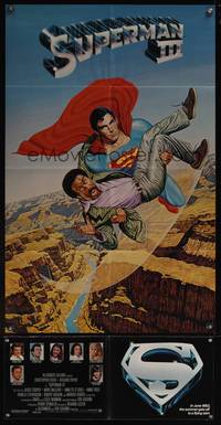 8b626 SUPERMAN III 2-sided advance 25x39 1sh '83 art of Reeve flying with Richard Pryor by L. Salk!
