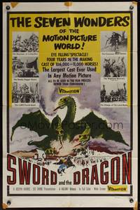 8b637 SWORD & THE DRAGON 1sh '60 cool fantasy art of three-headed winged monster attacking!