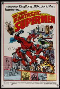 8b662 THREE FANTASTIC SUPERMEN 1sh '77 cool comic book super hero art by Pollard!