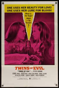 8b682 TWINS OF EVIL 1sh '72 one uses her beauty for love, one uses her lure for blood, vampires!