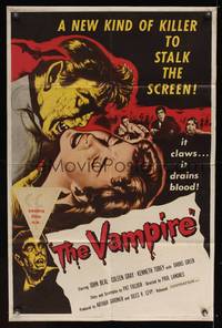 8b695 VAMPIRE 1sh '57 John Beal, it claws, it drains blood, cool art of monster & victim!