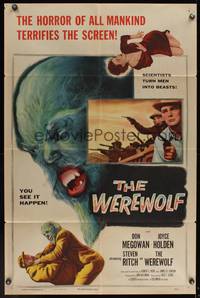 8b723 WEREWOLF 1sh '56 two great wolf-man horror images, it happens before your horrified eyes!
