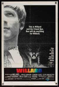 8b732 WILLARD  1sh '71 creepy close up of Bruce Davison with pet rat on shoulder!