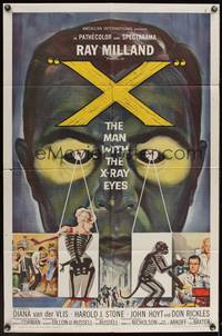 8b743 X: THE MAN WITH THE X-RAY EYES 1sh '63 Ray Milland strips souls & bodies, cool sci-fi art!