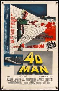 8c014 4D MAN linen signed 1sh '59 by Lee Meriwether, art of Robert Lansing reaching through wall!