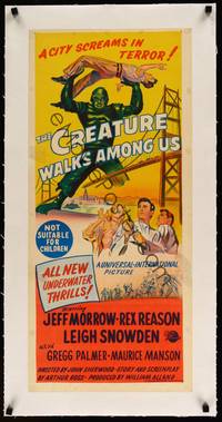 8c042 CREATURE WALKS AMONG US linen Aust daybill '56 art of monster attacking by Golden Gate Bridge