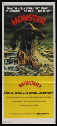 8c300 HUMANOIDS FROM THE DEEP Aust daybill '80 art of monster looming over sexy girl on beach!