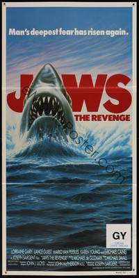 8c303 JAWS: THE REVENGE Aust daybill '87 great artwork of shark, man's deepest fear has risen!