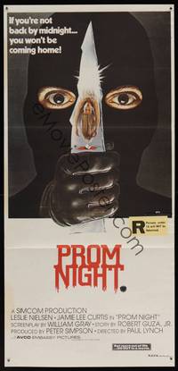 8c321 PROM NIGHT Aust daybill '80 Jamie Lee Curtis won't be coming home, wild horror art!