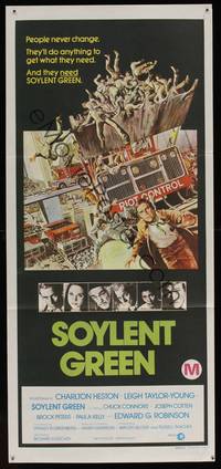 8c331 SOYLENT GREEN Aust daybill '73 Charlton Heston trying to escape riot control by John Solie!