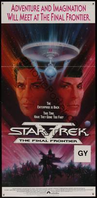 8c337 STAR TREK V Aust daybill '89 The Final Frontier, art of Shatner & Nimoy by Bob Peak!