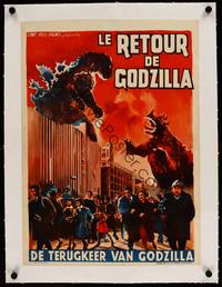 8c036 GIGANTIS THE FIRE MONSTER linen Belgian '59 different art of Godzilla attacking Angurus!