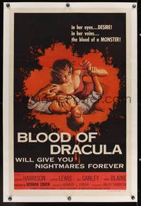 8c010 BLOOD OF DRACULA linen 1sh '57 art of female vampire attacking male victim!