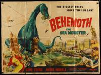 8c195 GIANT BEHEMOTH British quad '59 art of massive brontosaurus sea monster smashing city!