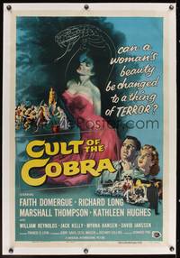 8c013 CULT OF THE COBRA linen 1sh '55 artwork of sexy Faith Domergue & giant cobra snake!