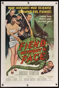 8c011 FIEND WITHOUT A FACE linen 1sh '58 giant brain & sexy girl in towel, mad science spawns evil!
