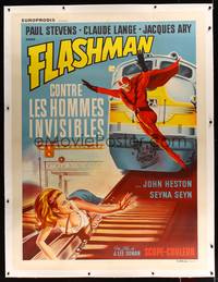 8c054 FLASHMAN linen French 1p '67 art of wacky Italian superhero saving sexy girl on train tracks!