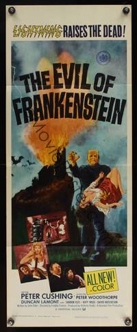 8c059 EVIL OF FRANKENSTEIN insert '64 Peter Cushing, Hammer, he's back and no one can stop him!