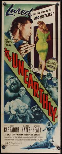 8c083 UNEARTHLY insert '57 John Carradine & sexy Allison Hayes lured to the house of monsters!