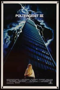 8c481 POLTERGEIST 3 1sh '88 great image of little girl in front of skyscraper in storm!
