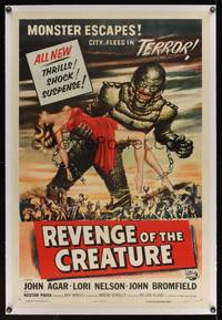 8c004 REVENGE OF THE CREATURE linen 1sh '55 art of the monster holding sexy girl by Reynold Brown!