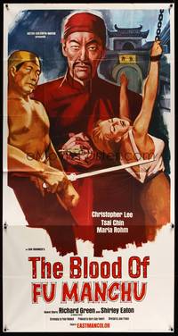8d046 BLOOD OF FU MANCHU 3sh '69 cool art of Asian villain Christopher Lee & girl tortured!