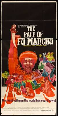 8d055 FACE OF FU MANCHU 3sh '65 art of Asian villain Christopher Lee by Mitchell Hooks, Sax Rohmer