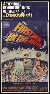 8d056 FIRST MEN IN THE MOON 3sh '64 Ray Harryhausen, H.G. Wells, great sci-fi artwork!