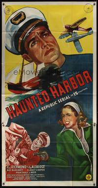 8d059 HAUNTED HARBOR 3sh '44 artwork of ship captain Kane Richmond + Kay Aldridge pointing gun!