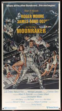 8d028 MOONRAKER 3sh '79 art of Roger Moore as James Bond & sexy babes in space by Gouzee!