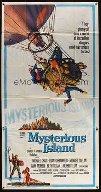 8d065 MYSTERIOUS ISLAND 3sh '61 Ray Harryhausen, Jules Verne sci-fi, cool hot-air balloon image!