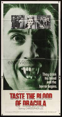 8d069 TASTE THE BLOOD OF DRACULA int'l 3sh '70 best wacky close up of vampire Christopher Lee!
