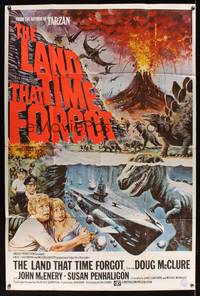 8d035 LAND THAT TIME FORGOT English 40x60 '75 Edgar Rice Burroughs, art by Tom Chantrell!