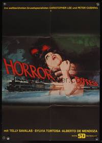 8d150 HORROR EXPRESS German '73 Christopher Lee, cool horror art of girl strangled by monster!