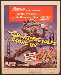 8d010 CREATURE WALKS AMONG US WC '56 Reynold Brown art of monster attacking by Golden Gate Bridge!