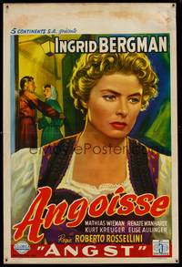 8e146 FEAR Belgian '56 close-up art of Ingrid Bergman, Roberto Rossellini's La Paura!