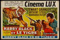 8e167 HARRY BLACK & THE TIGER Belgian '58 art of tiger leaping at hunter Stewart Granger with gun!