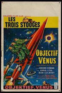 8e168 HAVE ROCKET WILL TRAVEL Belgian '59 wacky art of the Three Stooges riding a rocket!