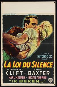 8e173 I CONFESS Belgian '53 Alfred Hitchcock, artwork of Montgomery Clift & Anne Baxter!
