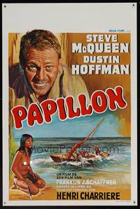 8e206 PAPILLON Belgian '73 great different art of prisoner Steve McQueen & topless native girl!