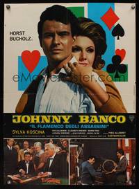 8e272 JOHNNY BANCO Italian lrg pbusta '67 Horst Buchholz & Sylva Koscina, cool playing card design