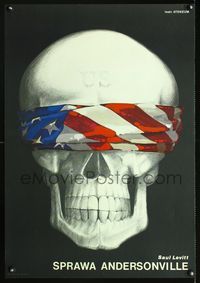 8e512 ANDERSONVILLE TRIAL Polish 23x33 '80s Stajewski art of skull with U.S. flag over eyes!