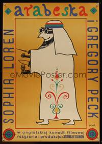 8e515 ARABESQUE Polish 23x33 '66 Gregory Peck, Sophia Loren, Flisak art of well-armed Arab man!